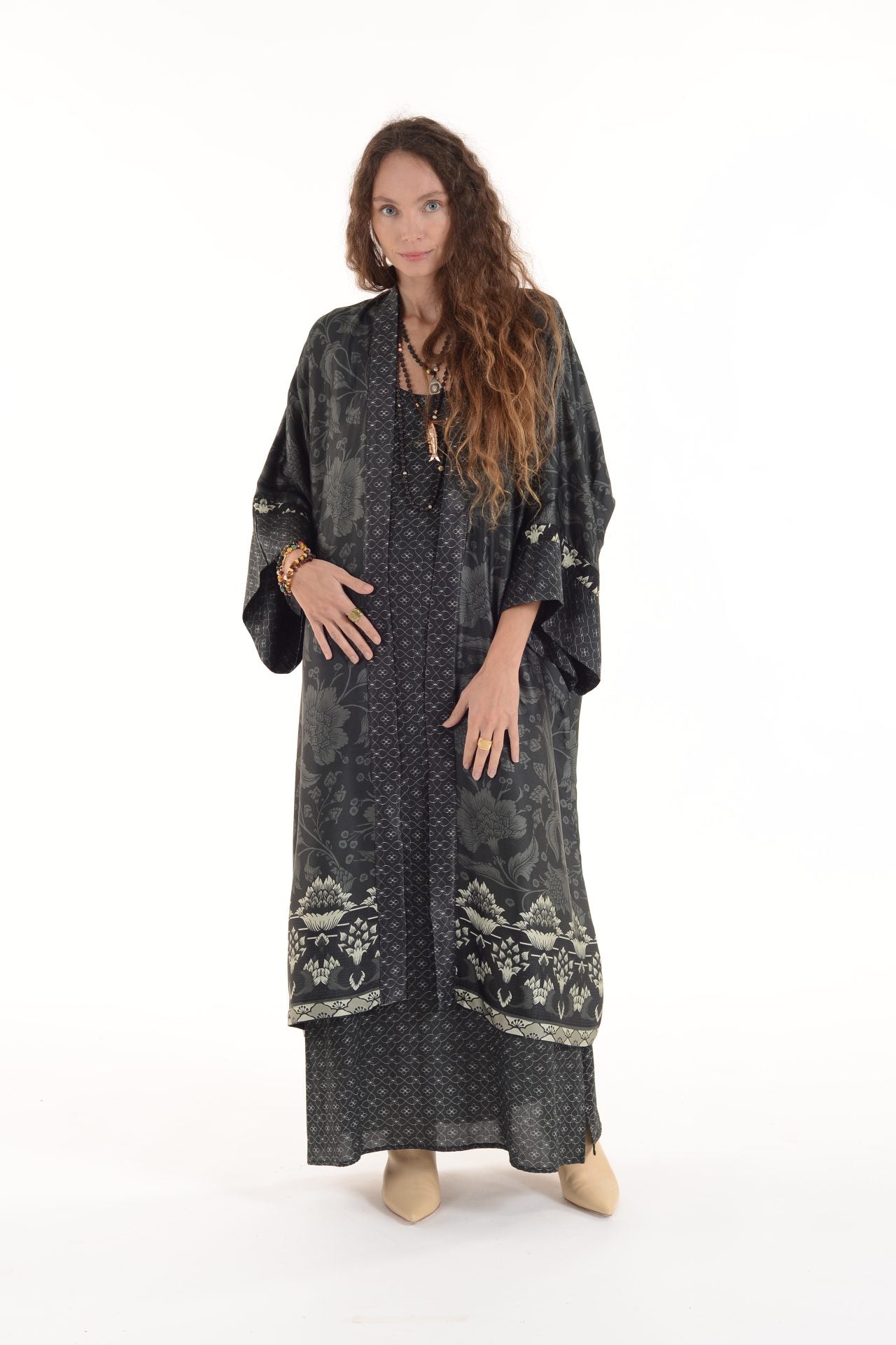 Maxi Kimono- Grey Border - Lara Rosnovsky