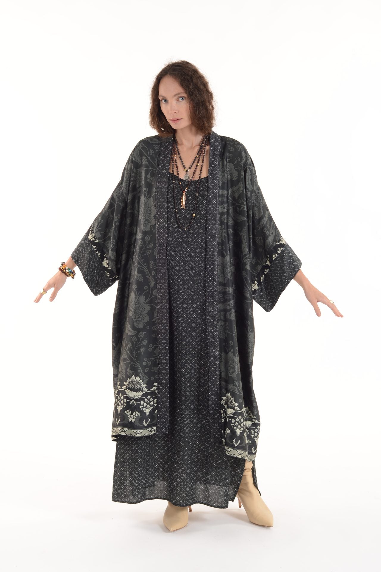 Maxi Kimono- Grey Border - Lara Rosnovsky