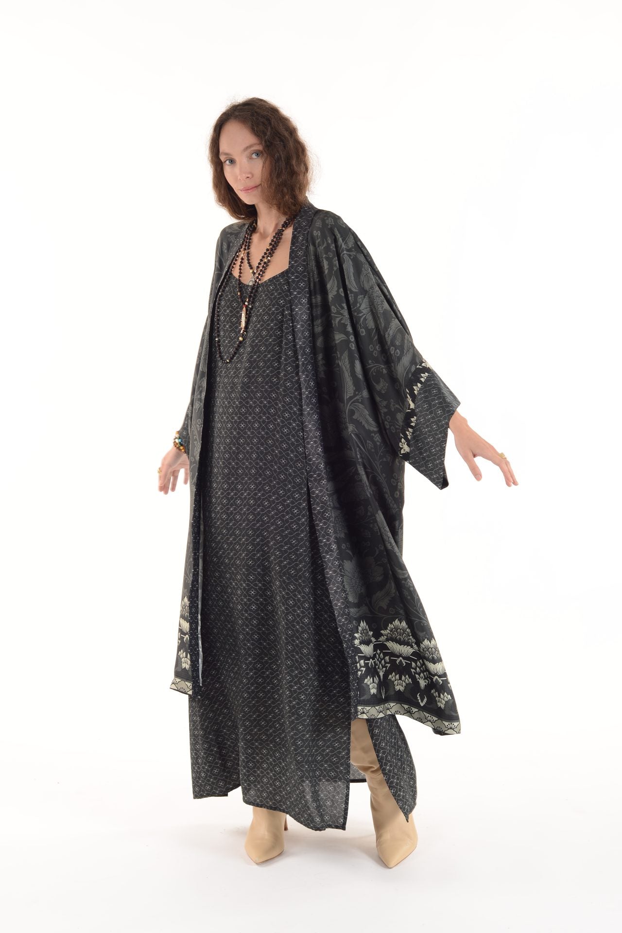 Maxi Kimono- Grey Border - Lara Rosnovsky