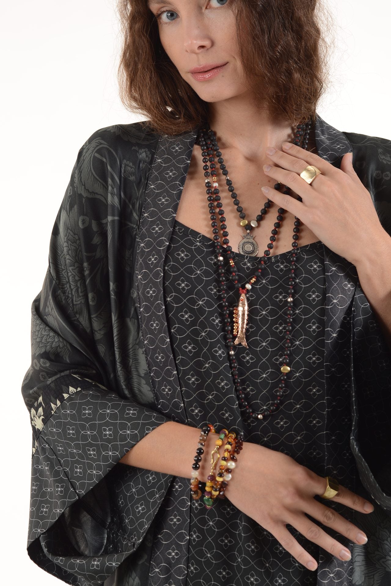 Maxi Kimono- Grey Border - Lara Rosnovsky